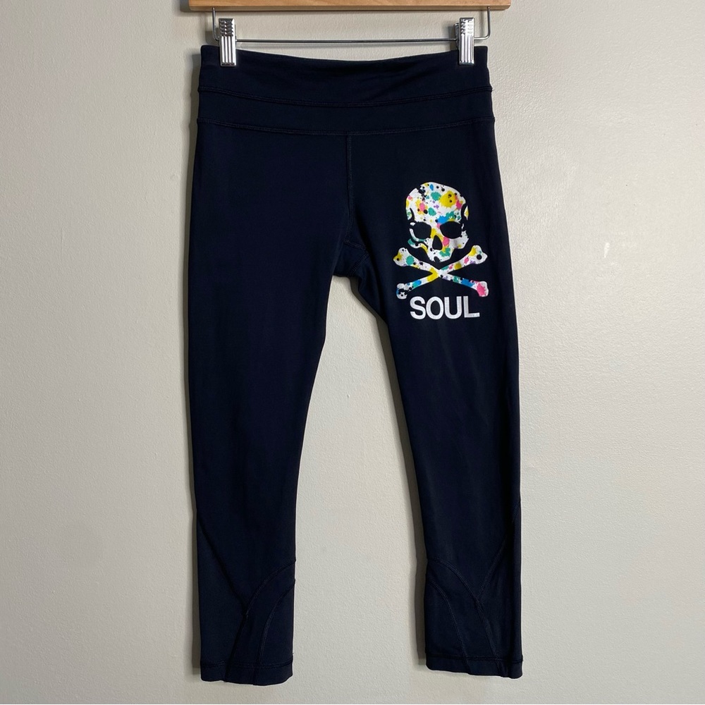 Lululemon X Soul Cycle Paint Splatter Skull Logo Cropped Leggings Size 4